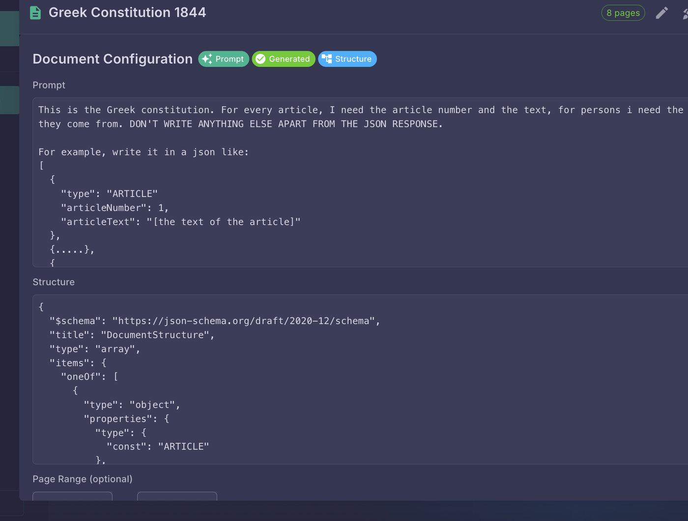 Gendox Document Digitization configuration panel with a plain-language extraction prompt and a JSON schema defining the output structure
