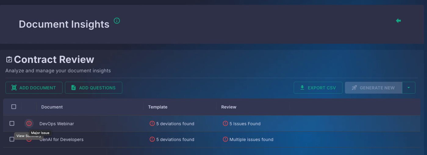 Gendox Document Insights results grid, one row per document with a status flag and short answer in each question column, and an Export button