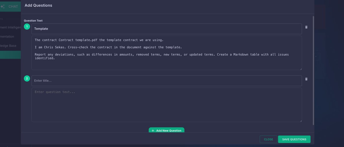 Gendox Document Insights question editor, with a question asking to cross-check a contract against a template and report deviations