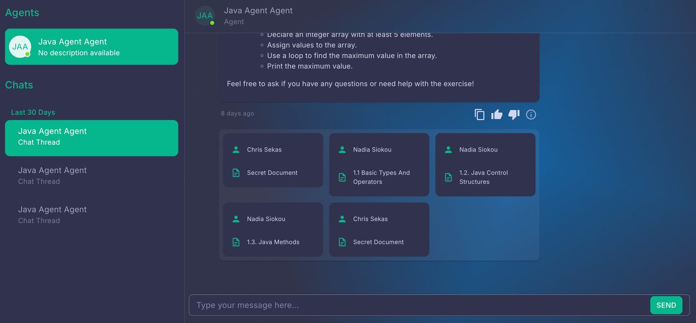 A ProvenAI agent answer followed by source cards, each naming the contributor and the document section used
