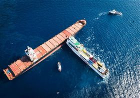 Aerial photograph of two vessels after the 2018 Corsica collision
