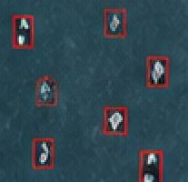 SAR scene with detected ships marked by red bounding boxes off Larnaca