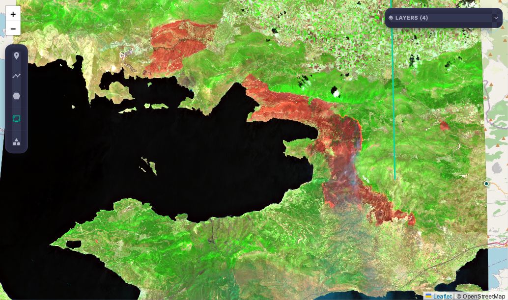 Short-wave infrared Sentinel-2 image of Porto Germeno on 2 August 2026, the burn scar in red