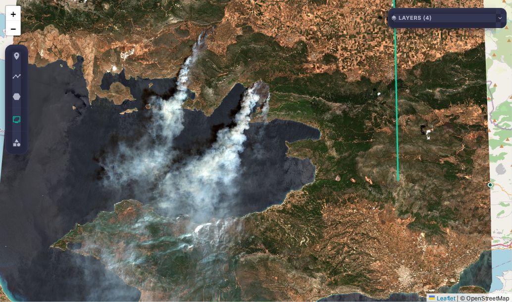 True-colour Sentinel-2 image of Porto Germeno on 31 July 2026, before the wildfire
