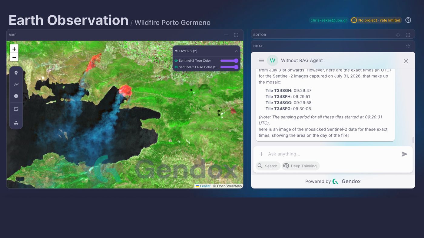 The SeaScope workspace: map with wildfire layers on the left, Earth Engine editor and agent chat on the right